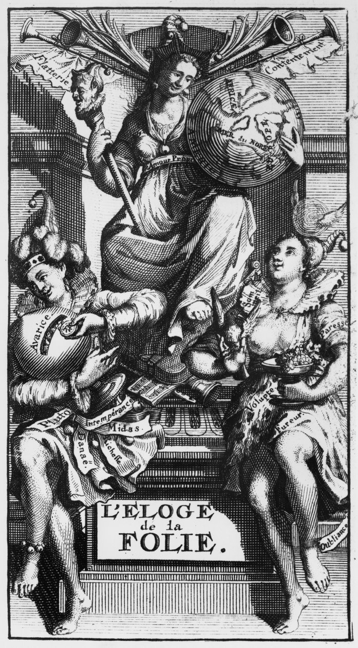 Az In Praise of Folly címlapja Desiderius Erasmustól alkotó: French School