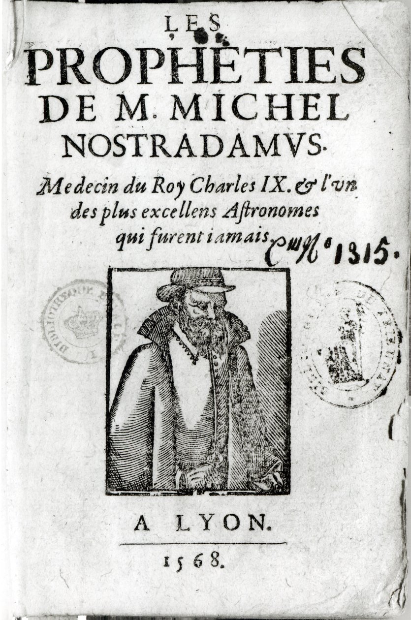 Les Propheties de M. Michel de Nostradamus (1503-66) előképe Nostradamus portréjával, 1568-ban Lyonban alkotó: French School