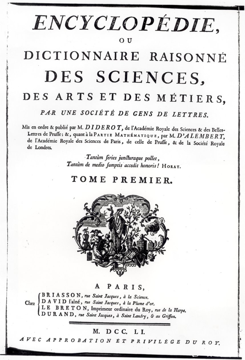 Denis Diderot (1713-84) 1751-ben Párizsban kiadott The Encyclopedia of Science, Art and Engineering előlapja alkotó: French School