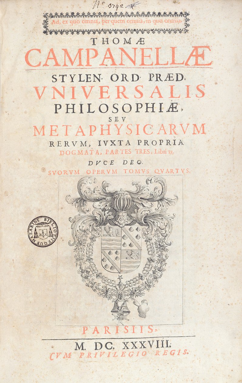 Tommaso Campanella frontispiece to univerzális filozófiához, kiadva Párizsban, 1638 alkotó: French School