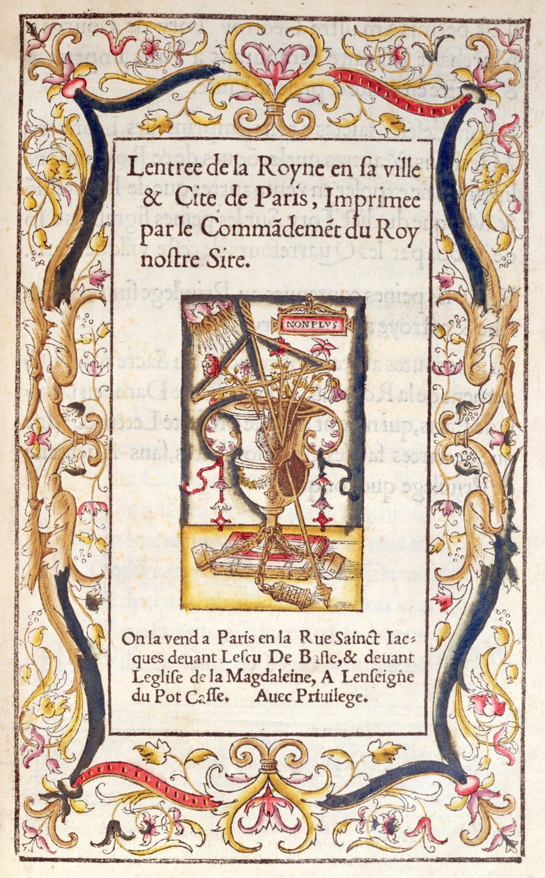 A Marguerite de Navarre (1492-1549) 1531-es Párizsba való beutaztatásáról szóló könyv előlapja alkotó: French School
