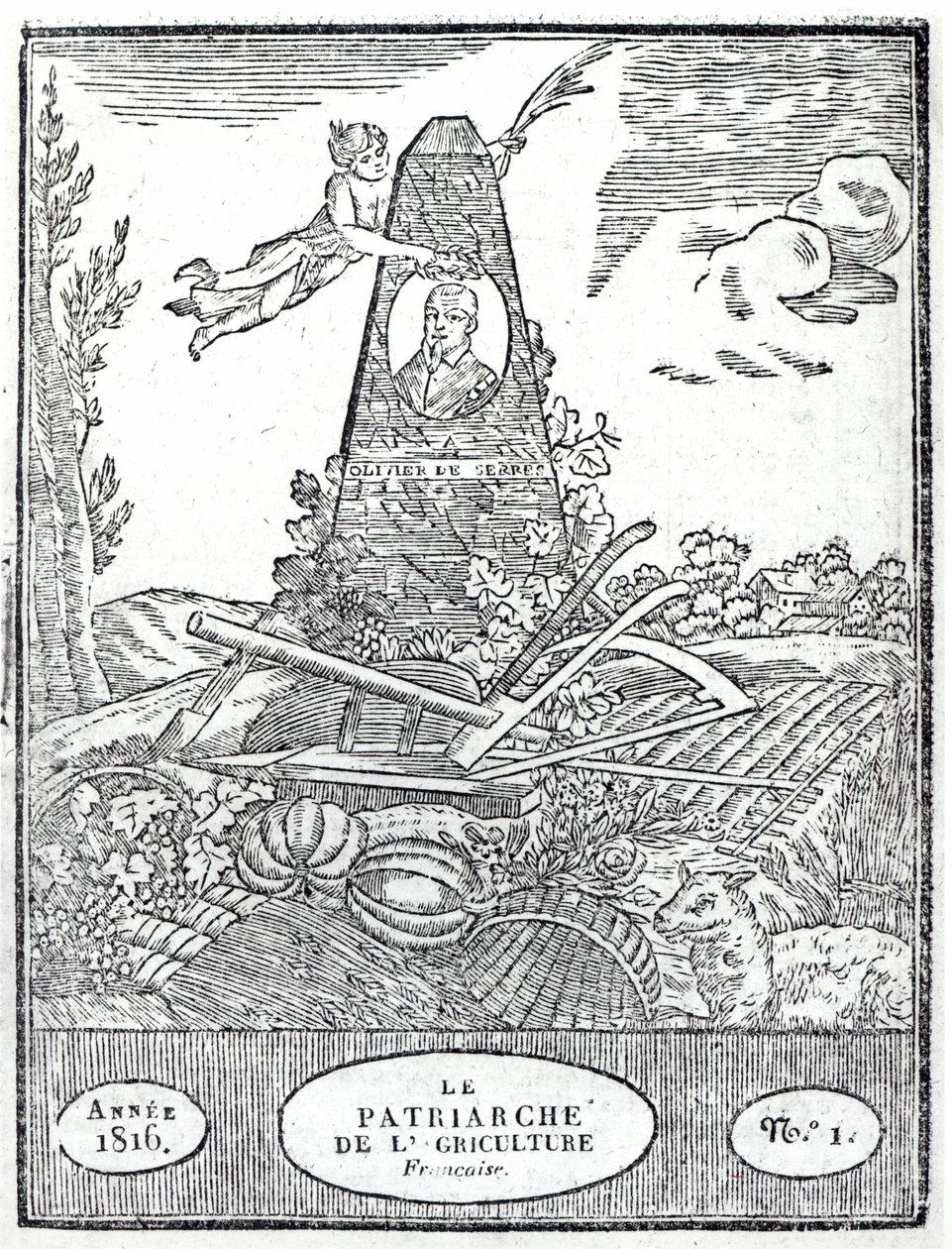 Egy mezőgazdasági almanach homlokzata Olivier de Serres (1539-1619) portréjával, 1816 alkotó: French School