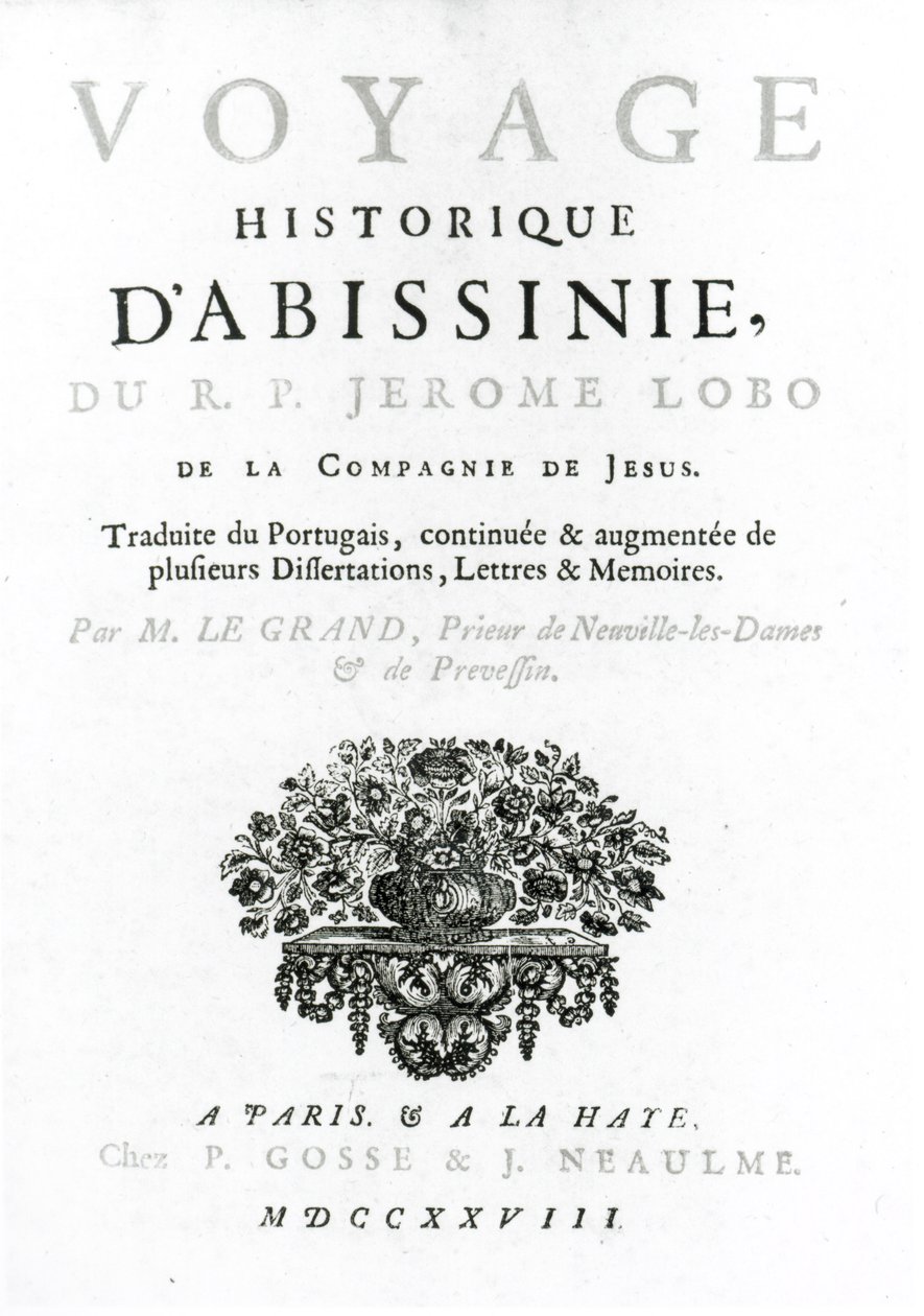 Az 1728-ban megjelent Jeronimo Lobo (kb. 1596-1678) Utazás Abesszíniába című francia fordításának előlapja alkotó: French School