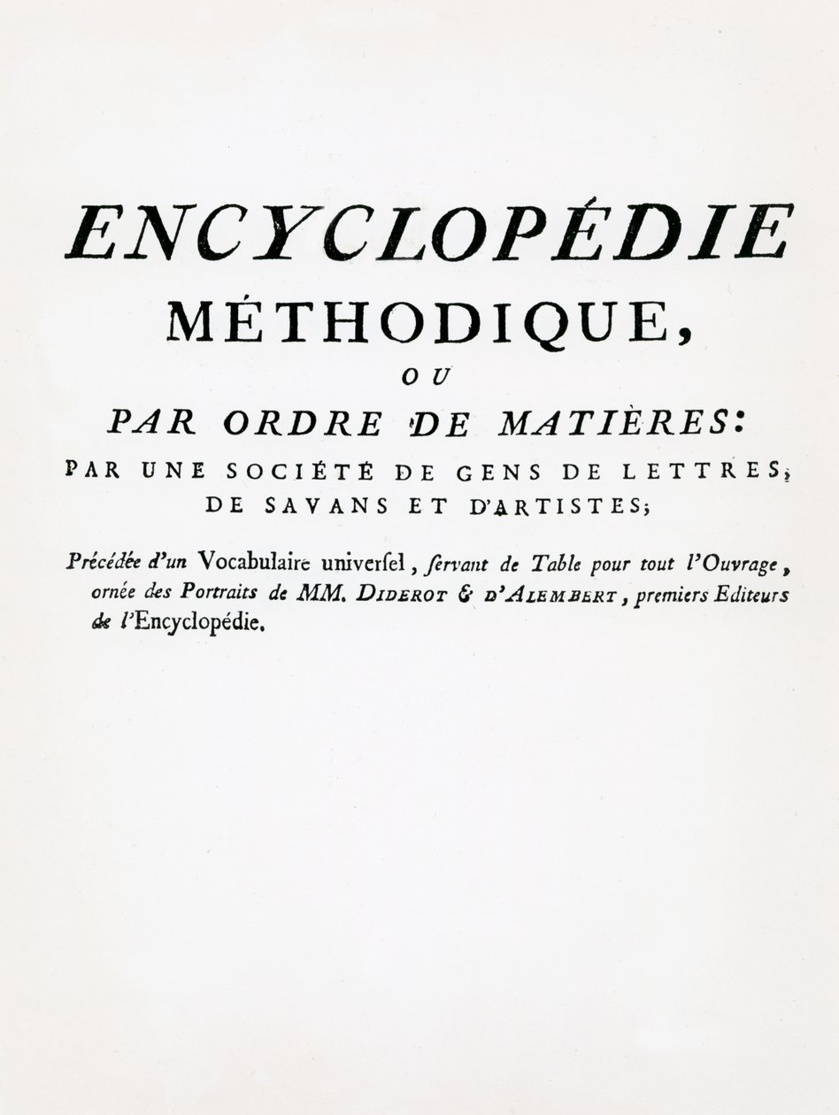 Frontispiece to the Methodical Encyclopedia by Order of Subject Matter, szerkesztette Denis Diderot és Jean Le Rond DAlembert, megjelent 1782 (nyomtatott) alkotó: French School