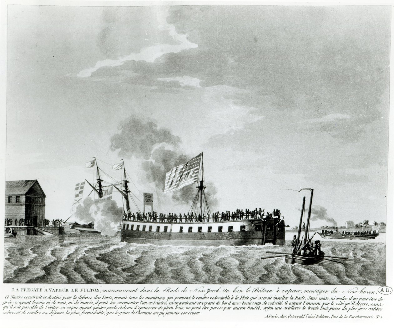 Fultons gőzhajtású hadihajó, a Fulton the First, amelyet Robert Fulton tervezett és épített New York védelmére az 1812-es háborúban (bw fotó a 19. század eleji metszetről) alkotó: French School