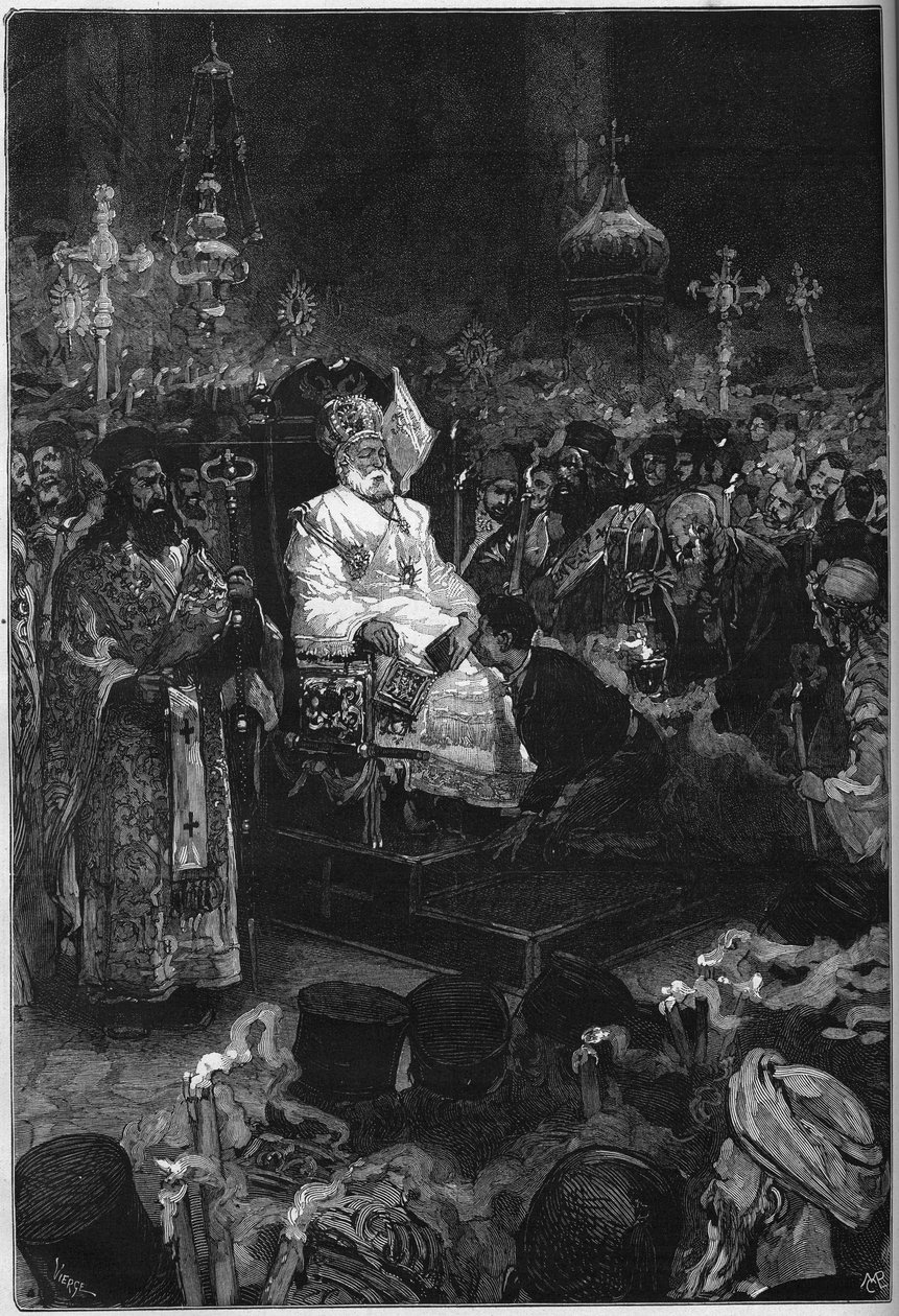 II. Joachim (1791-1878) temetése: a konstantinápolyi ökumenikus pátriárka holttestét a phanari patriarchális templom elé tárják. Papi ruhájába és mitrába van öltözve. Metszet a „” Le Monde Illustré”” 1123. számában, 1878. október 5. alkotó: French School