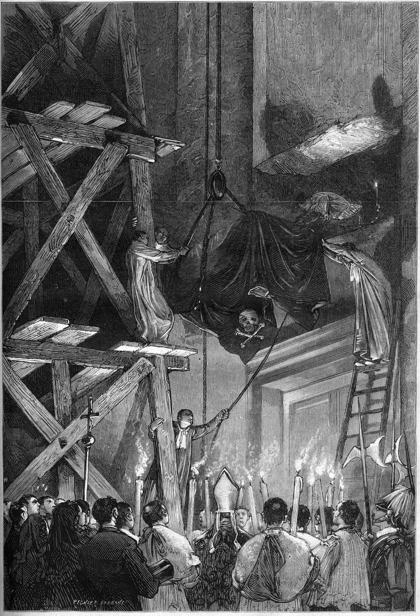 Ix (Pio) pápa (1792-1878) temetése: a holttest temetése a római Szent Péter-bazilikában. Metszet az 1878. március 9-i „” Le Monde Illustré”” 1093. sz. alkotó: French School