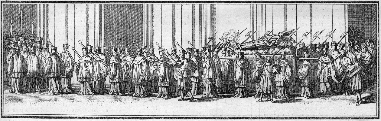 Pápa temetése a 18. században: a pápa holttestét a római Szent Péter-templomba viszik. Metszet a „Histoire des vallások”-ba. alkotó: French School