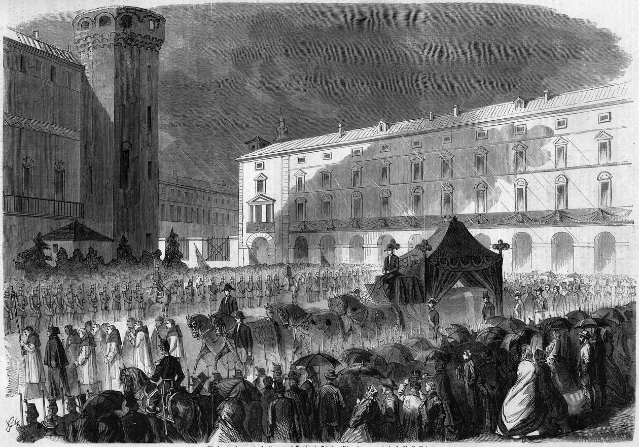 Cavour gróf temetése, Torinó, 1861. június 7.: temetési menet Camillo Benso, Cavour gróf (1810-1861) olasz politikus koporsójával. Metszet a „” Le Monde Illustré”” 219. számában, 1861. június 22. alkotó: French School