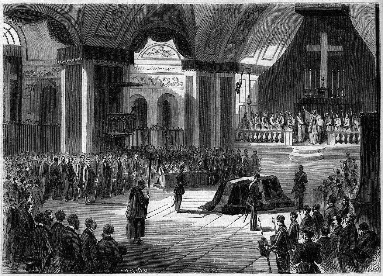 Cavour gróf temetése, Torinó, 1861. június 7.: az Angyalok Madonna templomának belső képe a szertartás alatt. Metszet a „” Le Monde Illustré”” 219. számában, 1861. június 22. alkotó: French School