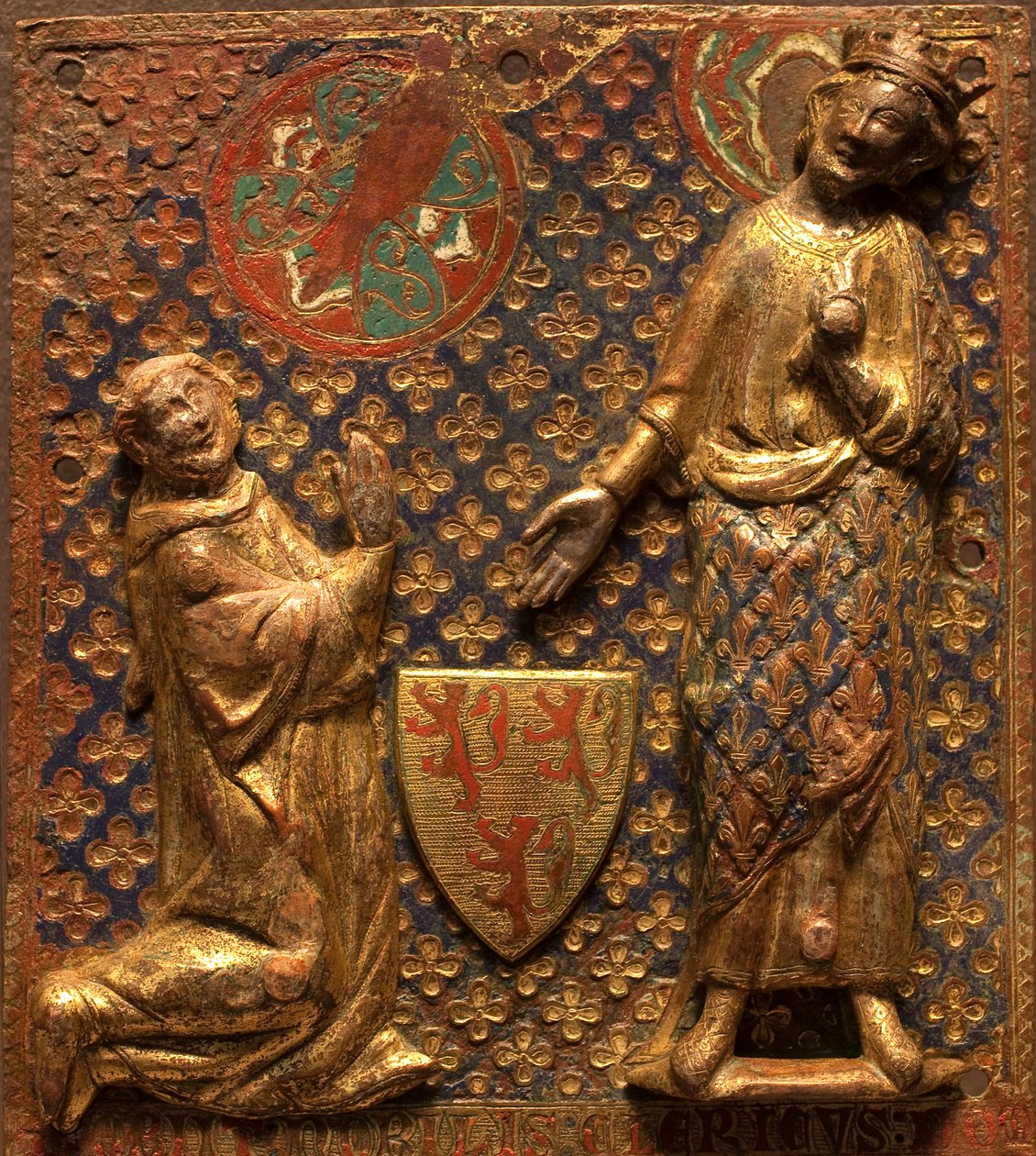 Temetési emléktábla: Guy de Meyos térdel Szent Lajos (IX. Lajos francia király) előtt. alkotó: French School