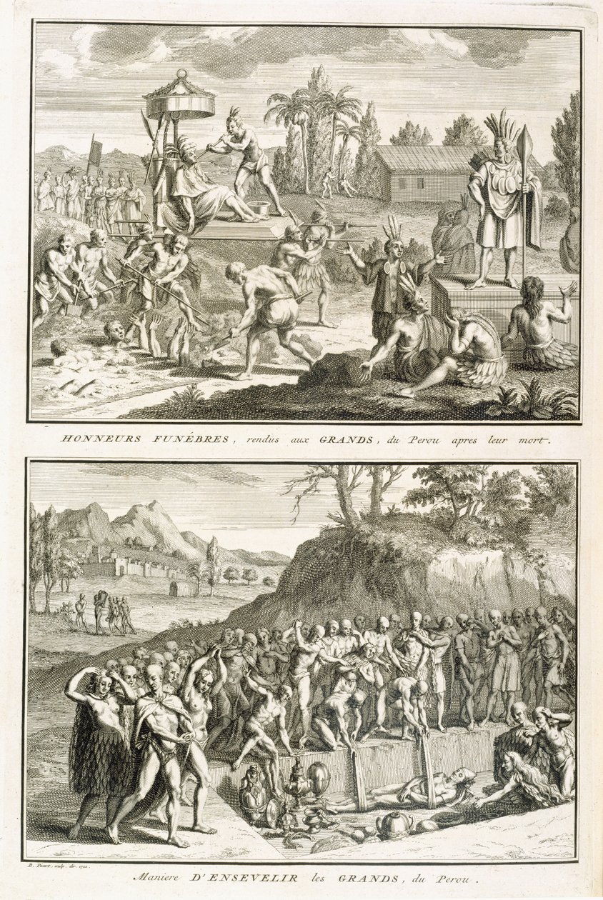Temetési szertartások és az urak haláluk utáni temetésének módja Peruban, illusztráció a Vallási szertartásokból és szokásokból, metszett: Bernard Picart (1673-1733) 1722 alkotó: French School
