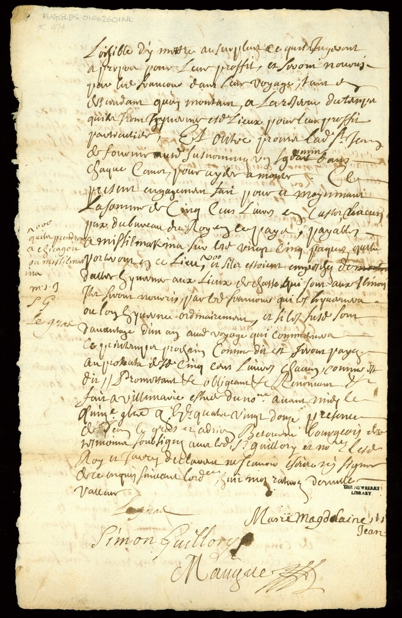 Szőrmekereskedelmi szerződés Francois Francoeur és négy utas között áruszállításról és hódcsontok vásárlásáról Michilimackinacban és Chicagóban, 1692 (lásd még: 332318) alkotó: French School