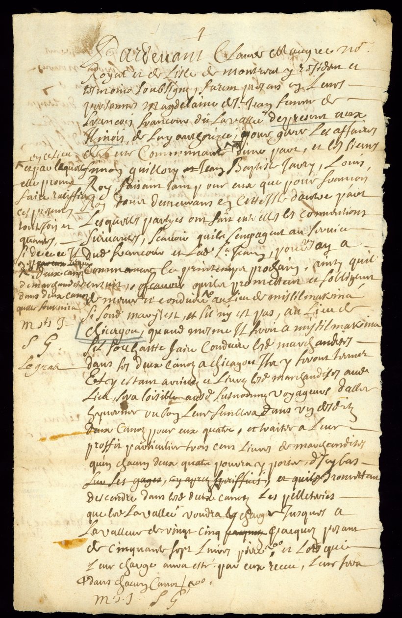 Szőrmekereskedelmi szerződés Francois Francoeur és négy utas között áruszállításról és hódcsontok vásárlásáról Michilimackinacban és Chicagóban, 1692 (lásd még: 332317) alkotó: French School