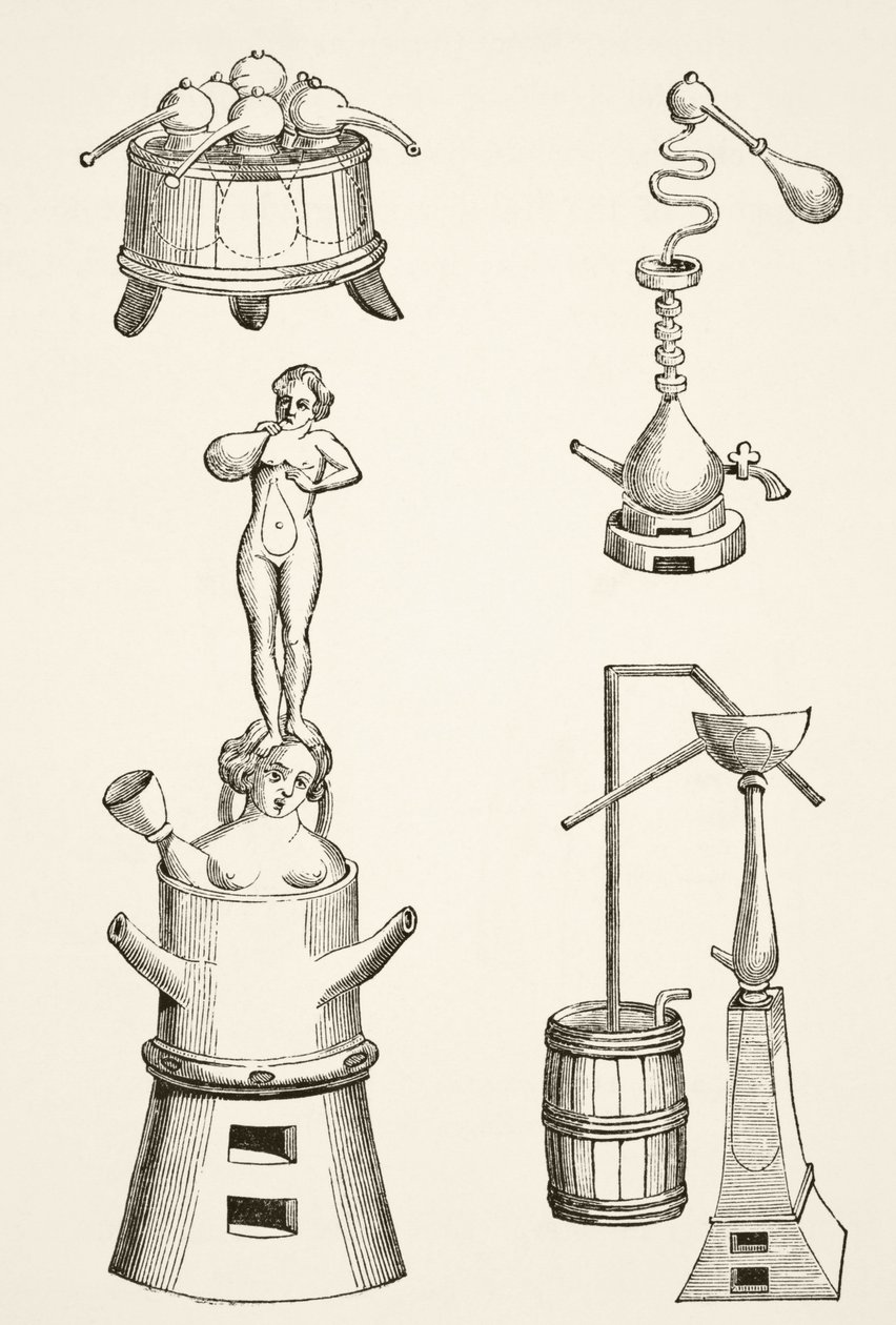 A 16. században vegyészek és alkimisták által használt kemence, retorták, desztilláló készülékek és desztilláló készülékek Paul Lacroix (1806-84) tudomány és irodalom a középkorban című művéből, 1878-ban Londonban (l) alkotó: French School