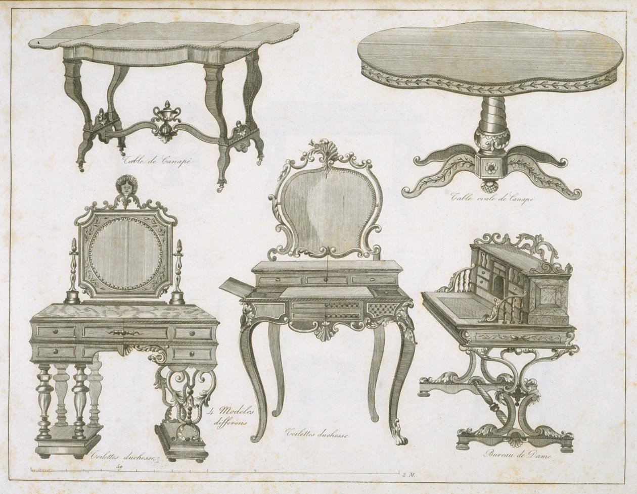 Lefevre-Chauveaux bútortervei, a Dessins de Meubles albumból, fekete-fehér gravírozás alkotó: French School