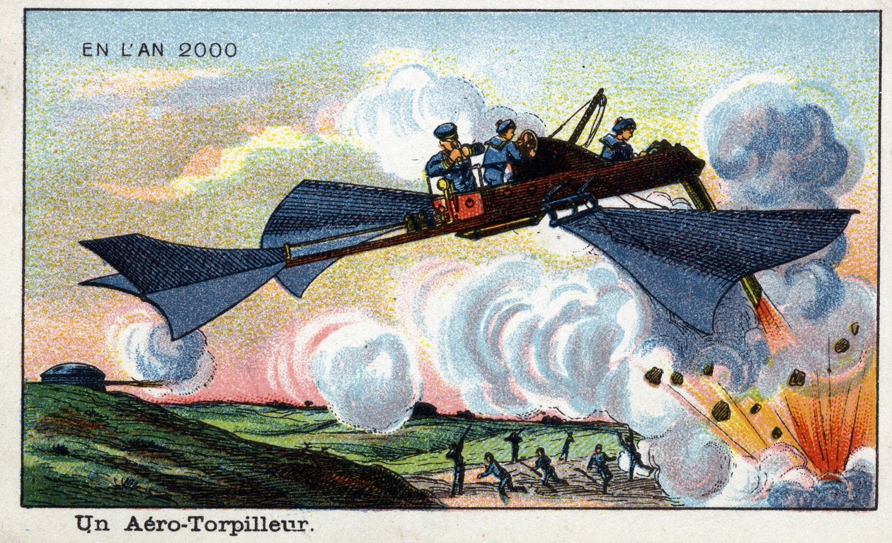 Futuredays: A 2000-es év tizenkilencedik századi víziója – „” 2000-es év” sorozat: egy aerotorpedó – Villemard kromolitográfiája alkotó: French School