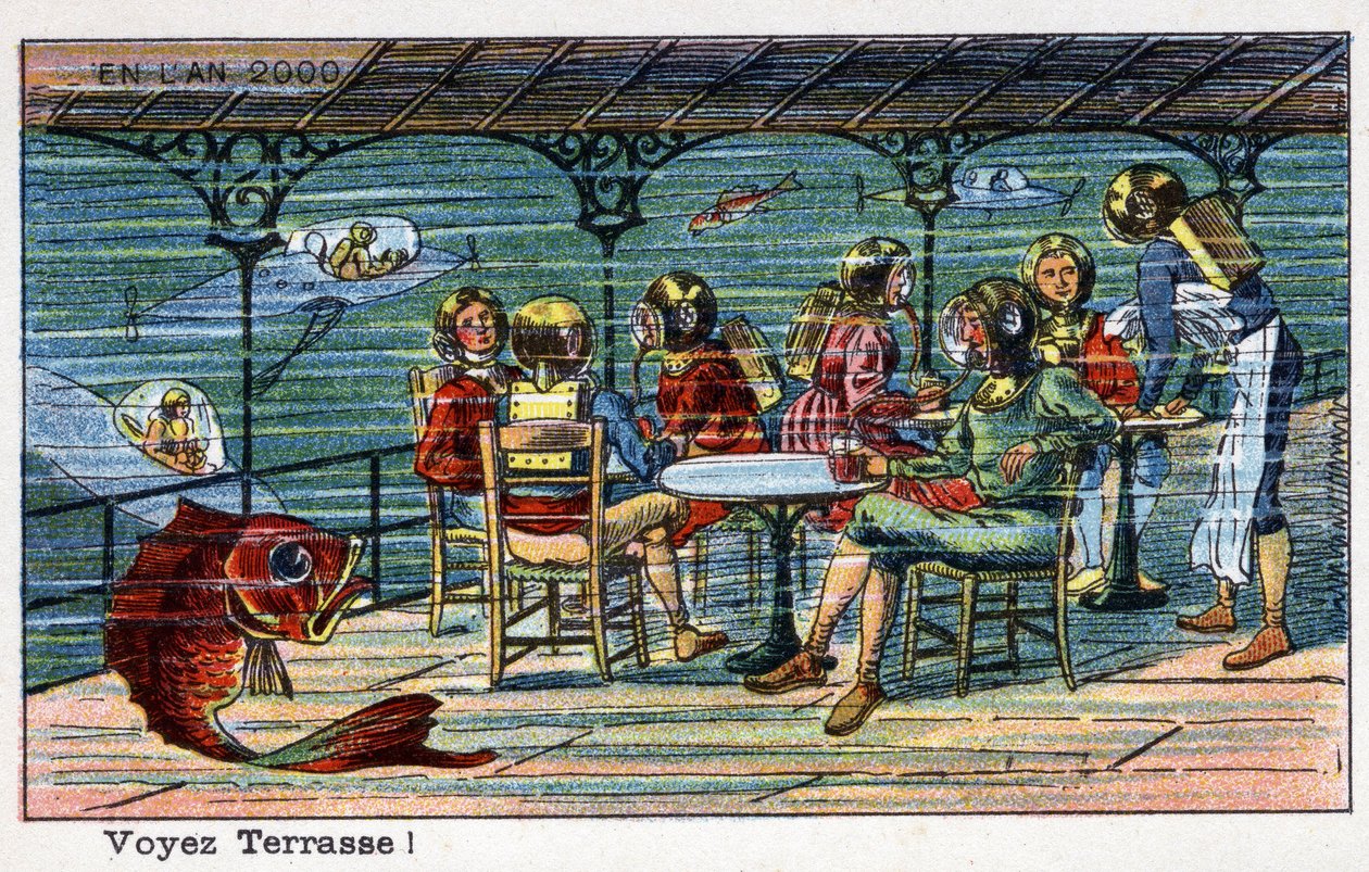Futuredays: A 2000-es év tizenkilencedik századi víziója – „” sorozat 2000-ben”: Lásd a teraszt (a tenger alatt). Kromolitográfia, Villemard alkotó: French School