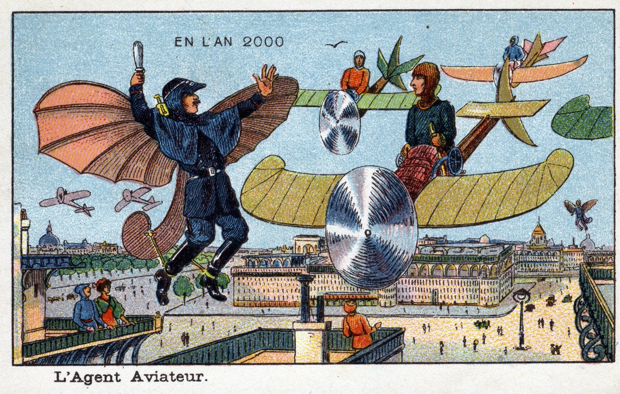 Futuredays: A 2000. év tizenkilencedik századi víziója – „” 2000. év” sorozat: A repülő – Villemard kromolitográfiája alkotó: French School