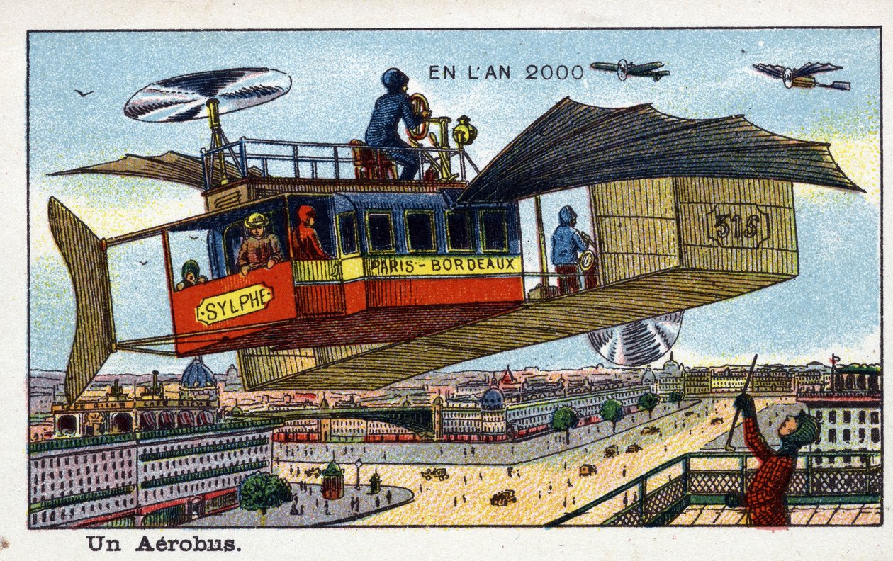 Futuredays: A 2000. évi tizenkilencedik századi vízió – „” 2000. év” sorozat: aerobusz – Villemard kromolitográfiája alkotó: French School