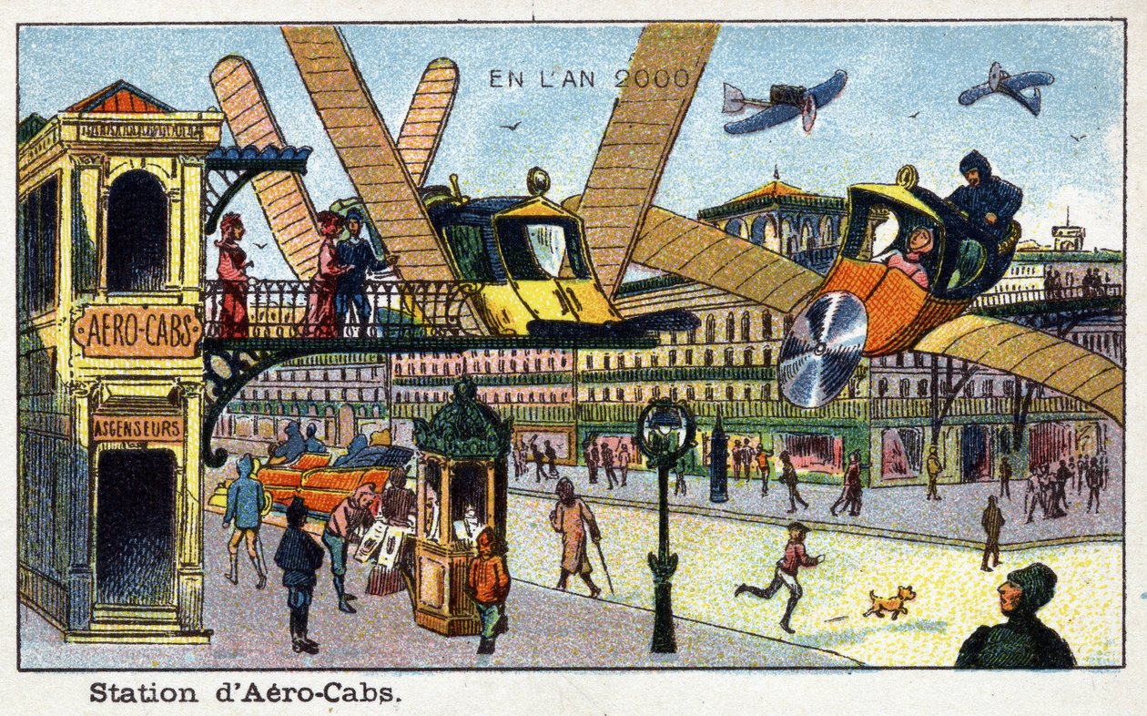 Futuredays: A 2000. évi tizenkilencedik századi vízió – „” 2000. év” sorozat: aerobcabs állomás – Villemard kromolitográfiája alkotó: French School