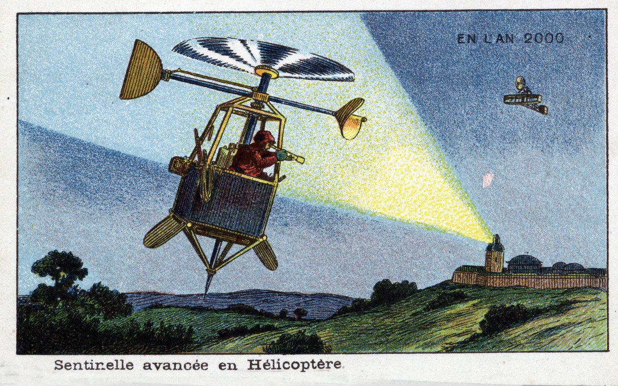 Futuredays: A 2000-es év tizenkilencedik századi víziója – „” 2000-es év” sorozat: Helikopter-előrelátó – Villemard kromolitográfiája alkotó: French School