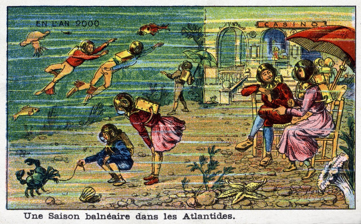 Futuredays: A 2000. év tizenkilencedik századi víziója – „” 2000. évben” sorozat: Tengerparti szezon Atlantiszban. Kromolitográfia, Villemard alkotó: French School