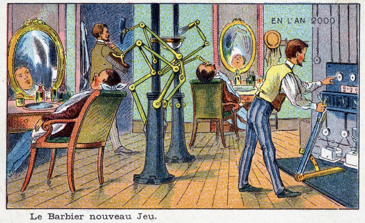 Futuredays: A 2000. év tizenkilencedik századi víziója – „” 2000. évben” sorozat: Az új játékfodrász (automata gép). Kromolitográfia, Villemard alkotó: French School