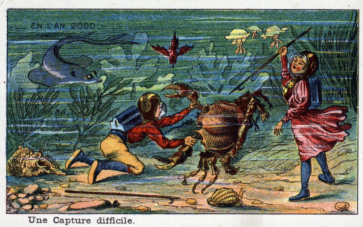 Futuredays: A tizenkilencedik századi vízió a 2000-es évről sorozat: Nehéz fogás (tenger alatt). Kromolitográfia, Villemard alkotó: French School