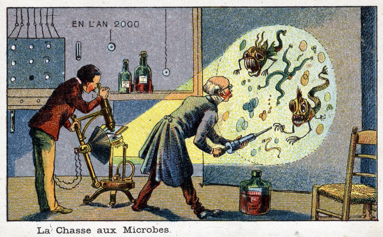 Futuredays: A 19th Century Vision of the Year 2000 Sorozat: A mikrobák vadászata (2 tudós gép segítségével távolítja el a megnagyobbodott mikrobákat). Kromolitográfia, Villemard alkotó: French School