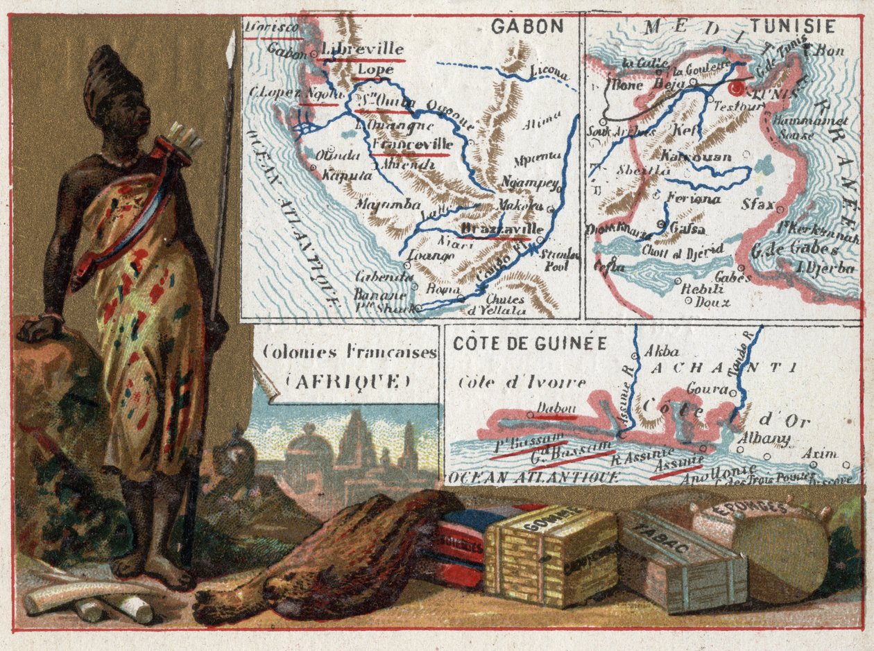 Gabon, Tunézia és a Guinea-part Afrikában. Sorozat a francia gyarmatokról. Nyersanyag: gumi, szivacs, dohány és selyem, elefántcsont. Kromolitográfia (Chromo) „” a földrajzi szál””, 1920 körül. Magángyűjtemény. alkotó: French School