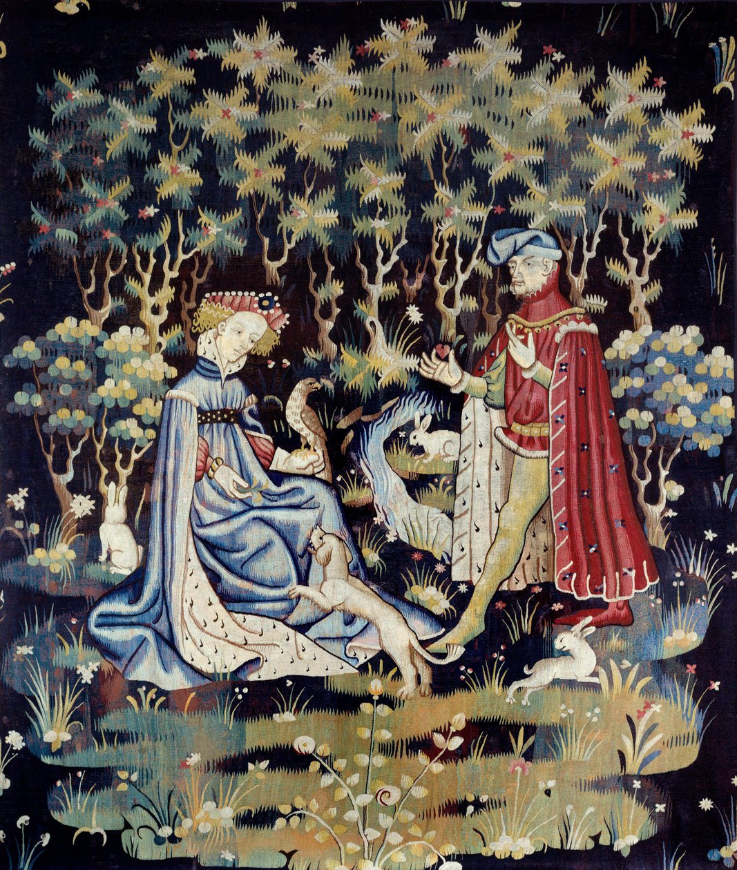 Galante jelenet: "" a szív felajánlása"" Gyapjú és selyem kárpit egy arras-i műhelyből - 1400-1410 Méret: 2,4x2 m Párizs, Musee du Louvre alkotó: French School