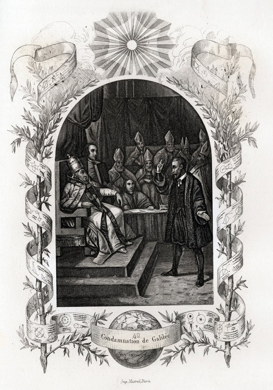 Galilea (vagy Galileo Galilei (1564-1642)) a vatikáni szent hivatal előtt”” A csillagászt az Inkvizíciós Törvényszék 1632-ben ítélte el. Maurice Lachatre (1814-1900) metszet a Pápák történetét szemléltetve, librairie du progress, Párizs. alkotó: French School