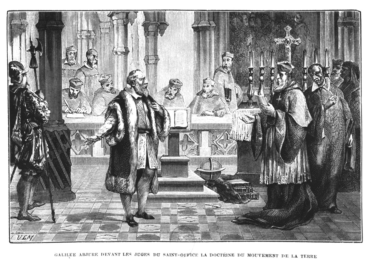 Galilei (1564-1642) visszavonja elméletét a Föld mozgásáról a Szent Hivatal bírái előtt alkotó: French School