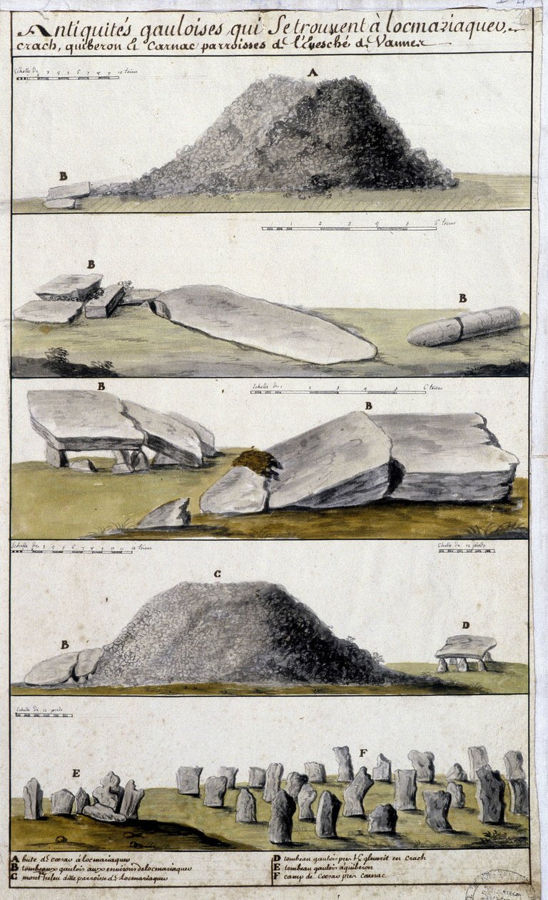 Gall Régiségek Locmariaquerben, Crashben, Quiberonban és Carnacban, az Eveche de Vanne plébániáiban – Robien „Bretagne történelmi, topográfiai és természeti leírása” című könyvében alkotó: French School