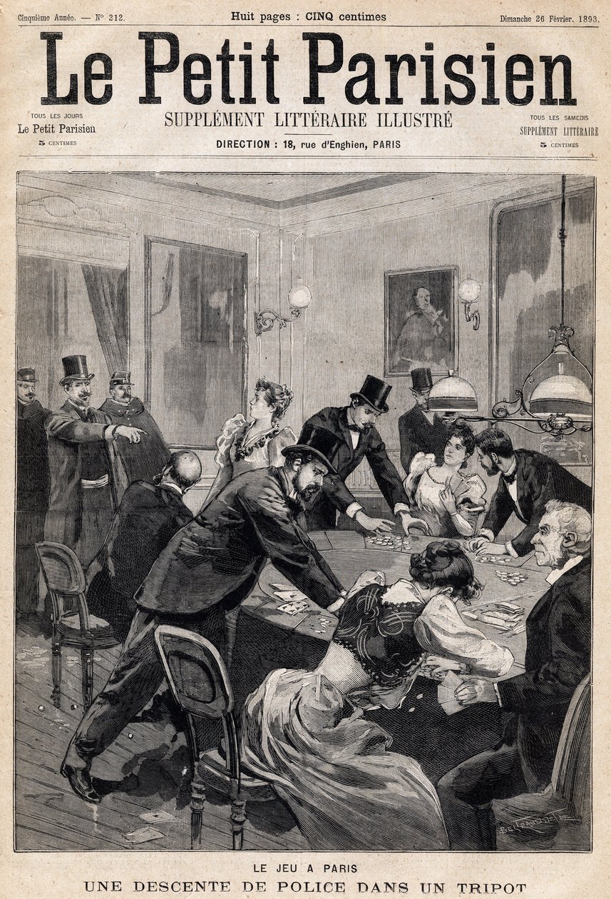 Játékház Párizsban: Rendőrségi razzia egy szerencsejátékklubban (kaszinóban). Az egyik „Le Petit Parisien” újság 1893.02.26-án (metszet) alkotó: French School