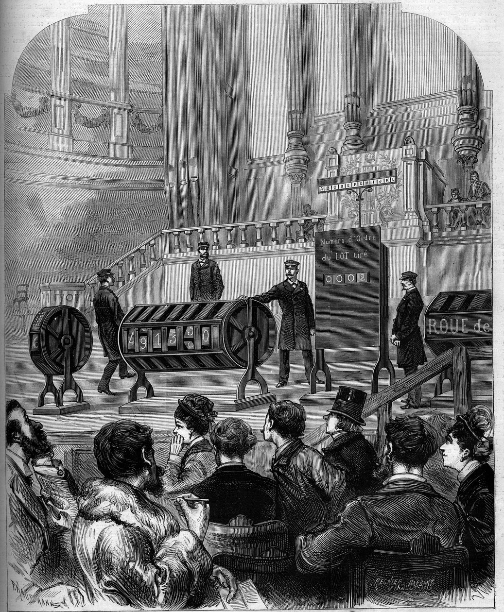 Szerencsejáték: a nemzeti lottó sorsolása a Trocadero ünnepi termében 1879. január 6-án Párizsban. Metszet az 1879. február 1-i „” Le Monde Illustré”” 1140. sz. alkotó: French School