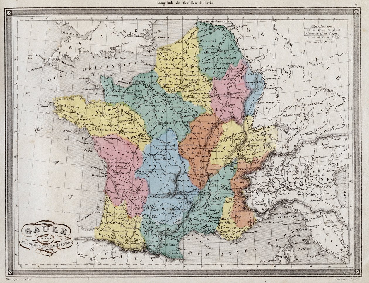 Gallia római tartományokra oszlik – Vuillemin „” ókori és modern földrajz egyetemes atlaszából, a bentlakásos iskolák számára” – kb. 1845 alkotó: French School