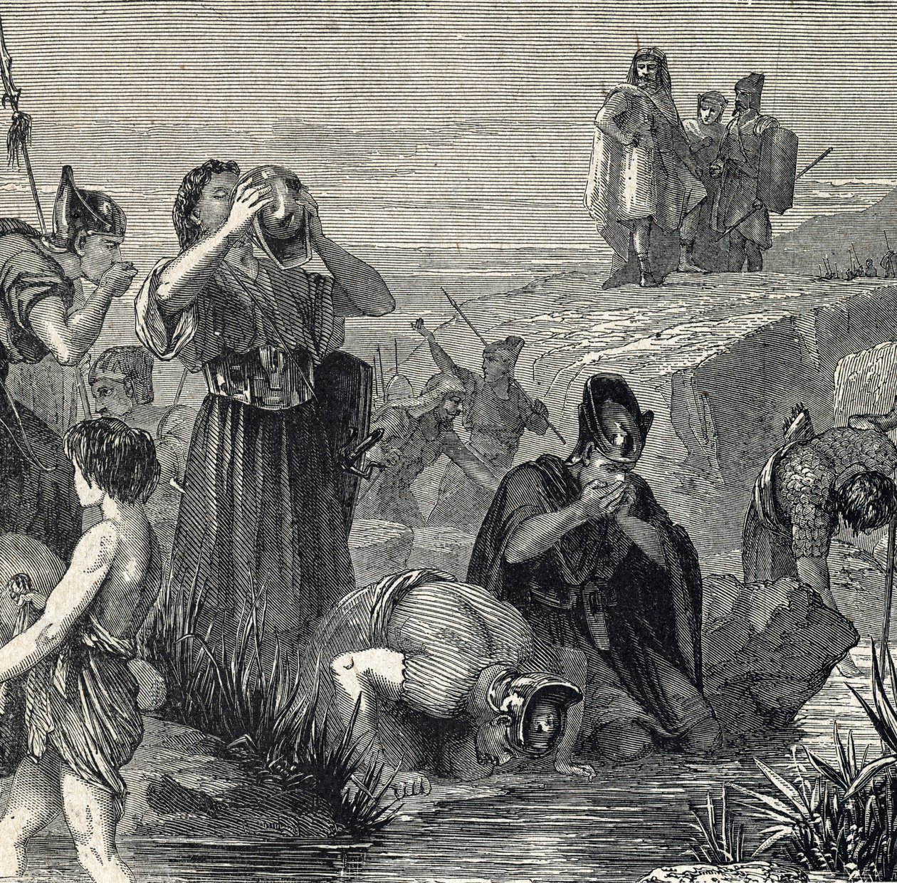 Gedeon (Gideon) Istentől hívja, hogy győzzék le a madianitákat, azok közül választja ki katonáit, akik isznak, miközben vizet hordanak a szájukhoz (Gideon vagy Gedeon úgy választja katonáit, hogy csak azokat tartsák meg, akik a vizet a szájukhoz emelték, é alkotó: French School