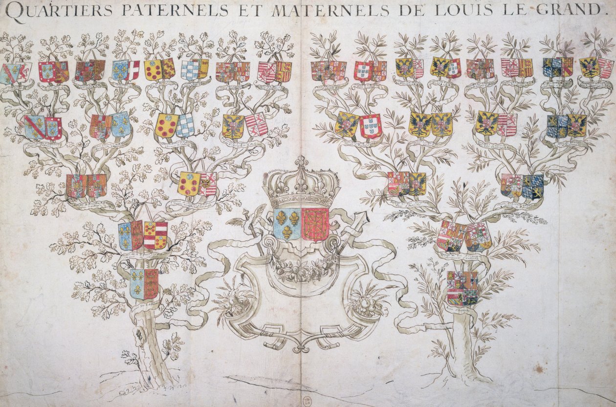 XIV. Lajos (1638-1715) genealógiája, amely bemutatja jogát a francia koronához, 1643 alkotó: French School