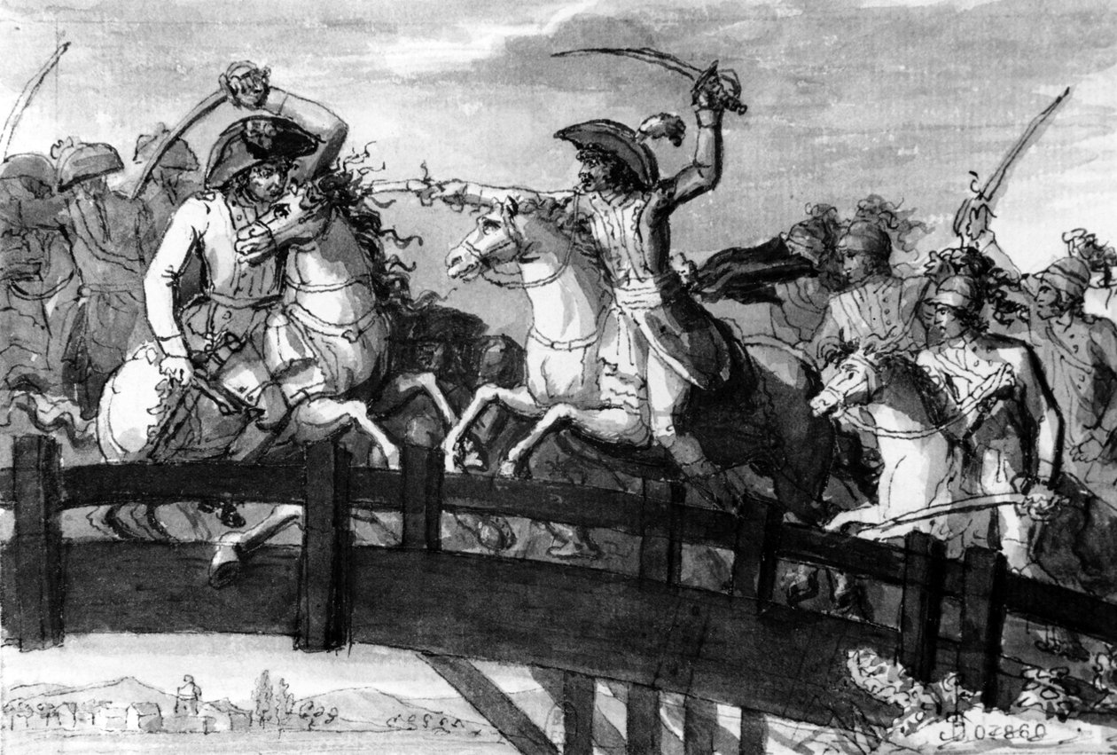 Alexandre Dumas tábornok, a tiroli Horatius Cocles. három osztrák ellenfél egymaga megölése a Clausen hídon 1797-ben, 1797 körül (guache) alkotó: French School