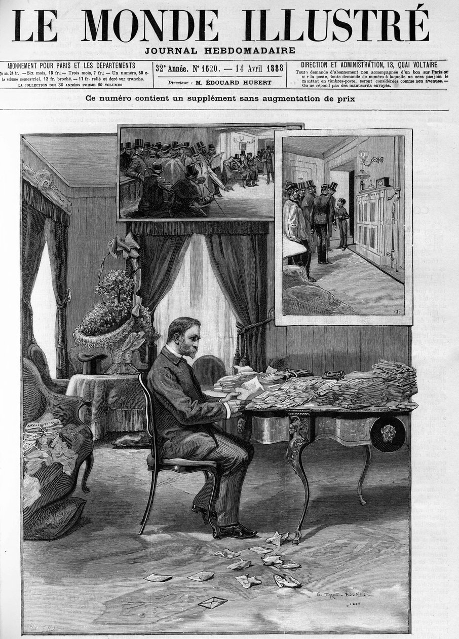 Georges Boulanger tábornok (1837-1891) a Hotel du Louvre-ban folytatta a levelezés vizsgálatát a „Le Monde illustrious”-ban 1888-ban. alkotó: French School