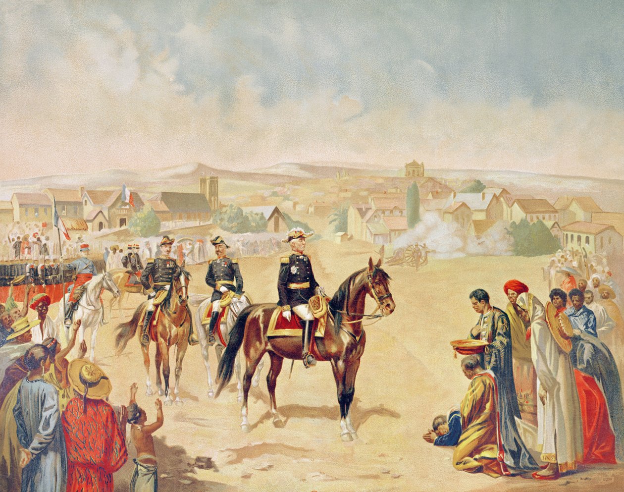 Jacques Achille Duchesne tábornok (1837-1918) belép a madagaszkári Tananarive-ba, 1895. október 1-én (színes metszet) alkotó: French School