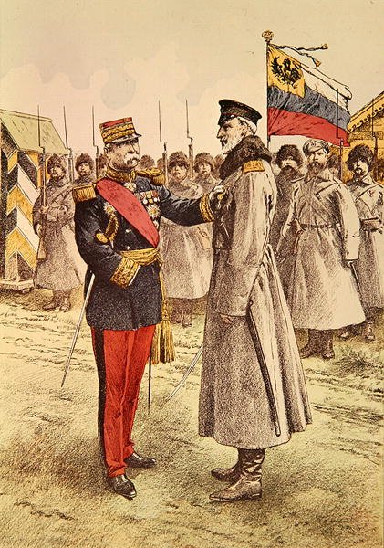 Pau tábornok francia kitüntetést ad át az orosz főparancsnoknak, Miklós nagyhercegnek. alkotó: French School