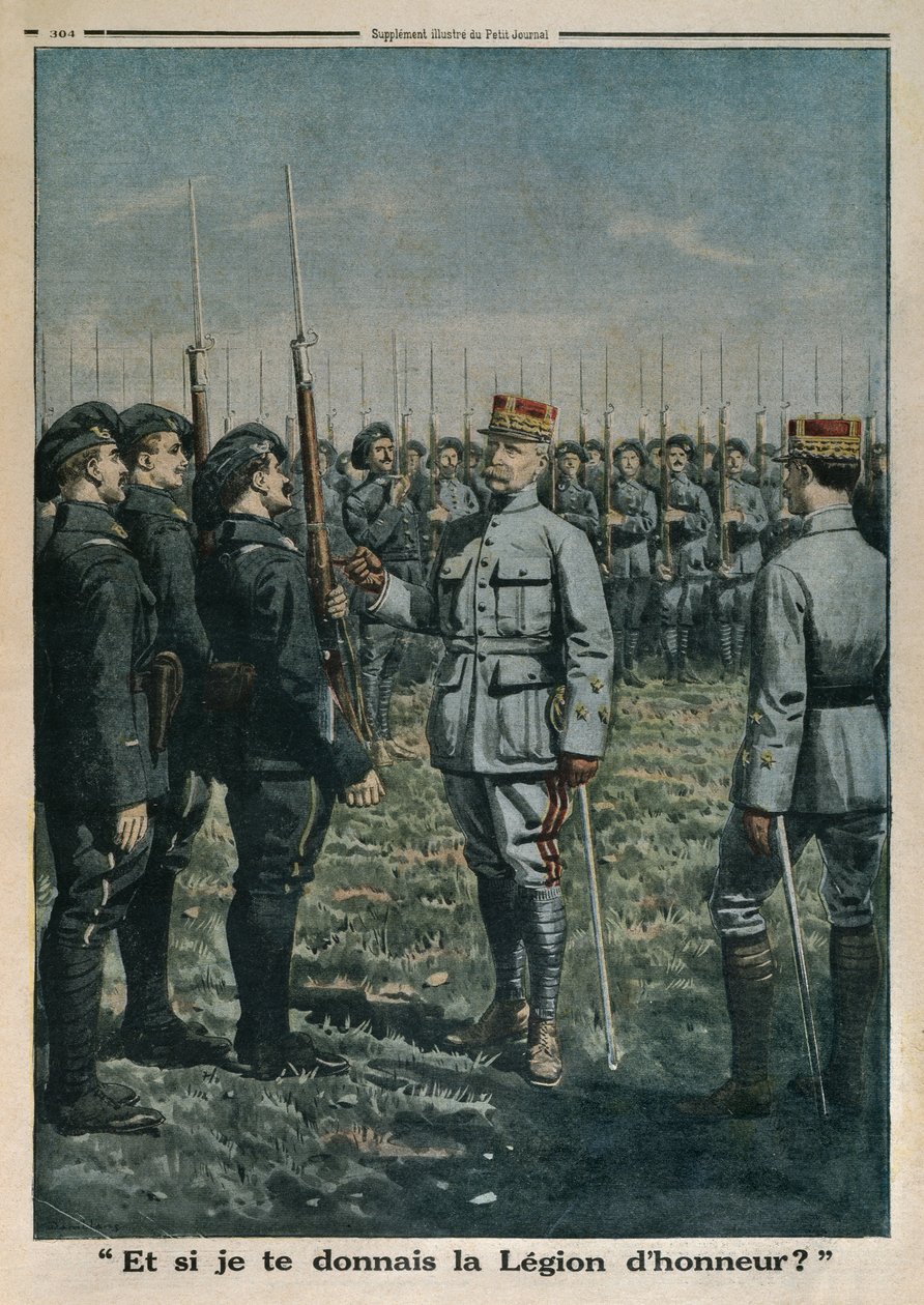 Petain tábornok, aki a 42. hegyi gyalogezredet ellenőrzi, és mi van, ha megadom a Becsületlégiót, a hátsó borító illusztrációja a Le Petit Journal, Illustre kiegészítő, 1917. szeptember 23. alkotó: French School