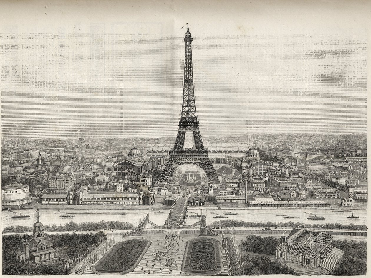 Az 1889-es párizsi világkiállítás általános képe Trocadero Eiffel-toronnyal, metszet - Az 1889-es párizsi világkiállítás általános képe az Eiffel-toronnyal, metszet a Le Monde illustrious de 1889-ben alkotó: French School