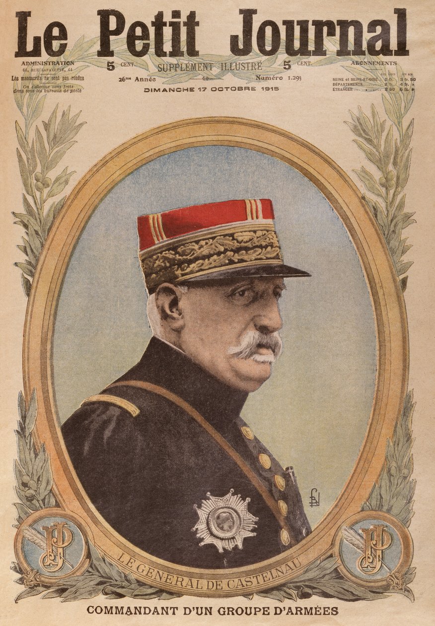 De Castelnau tábornok, a Le Petit Journal első borítójának illusztrációja, Illustre melléklet, 1915. október 17. alkotó: French School
