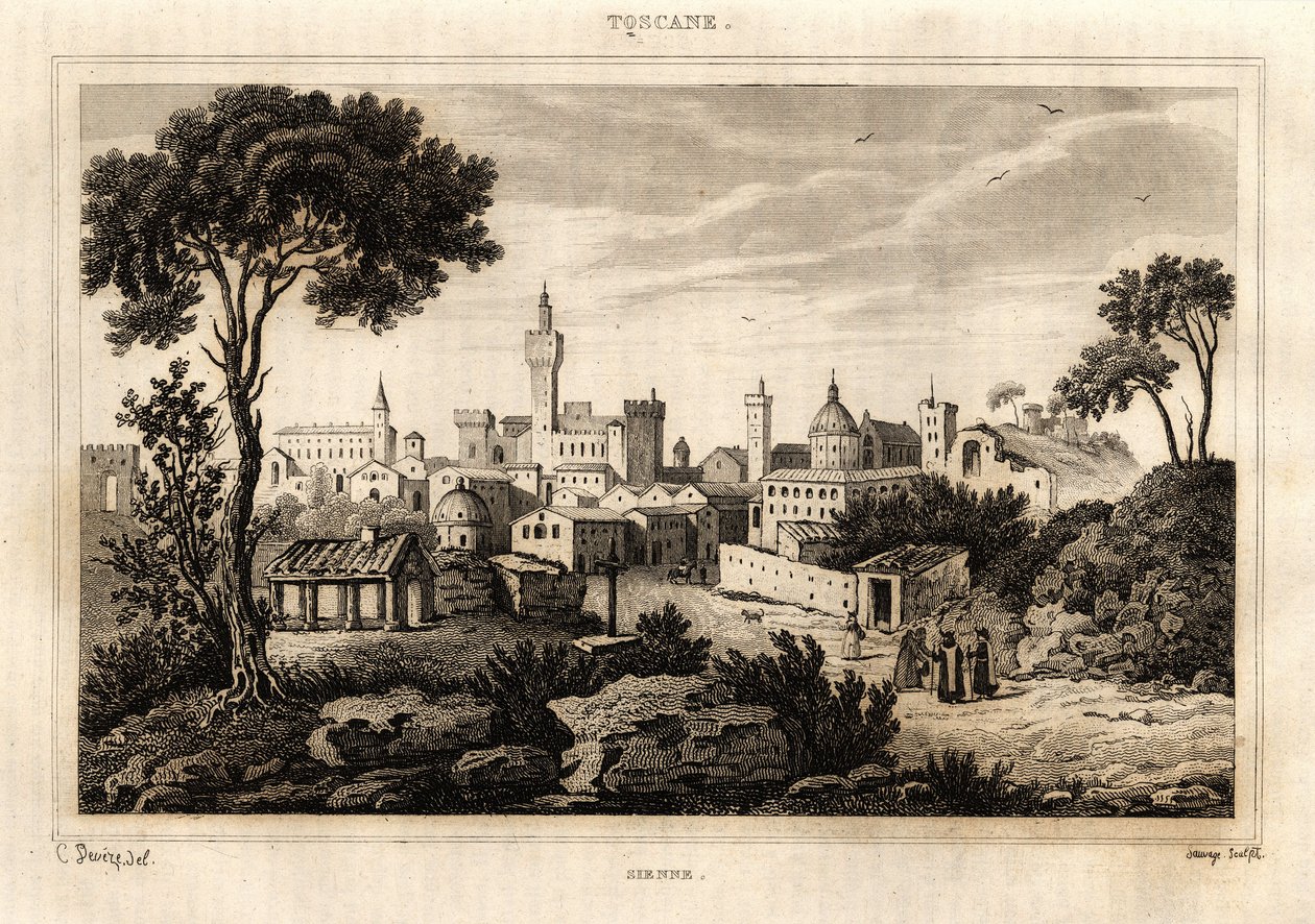 A toszkánai Siena (Siena) általános képe, C. Deveze metszet: „Olaszország festői””, Amable Coste szerkesztő alkotó: French School
