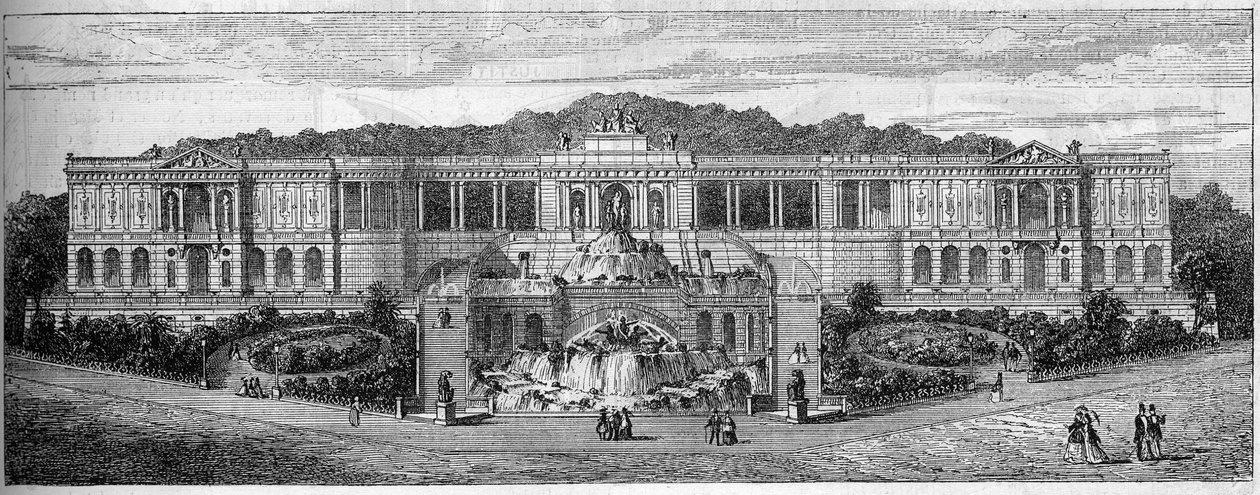 A marseille-i Palais de Longchamp, Bouches du Rhone (13) általános képe, ahogy azt Frederic Auguste Bartholdi (1834-1904) 1859-ben elképzelte. Metszet a „” Le Monde Illustré” 681. április 30-i számában alkotó: French School