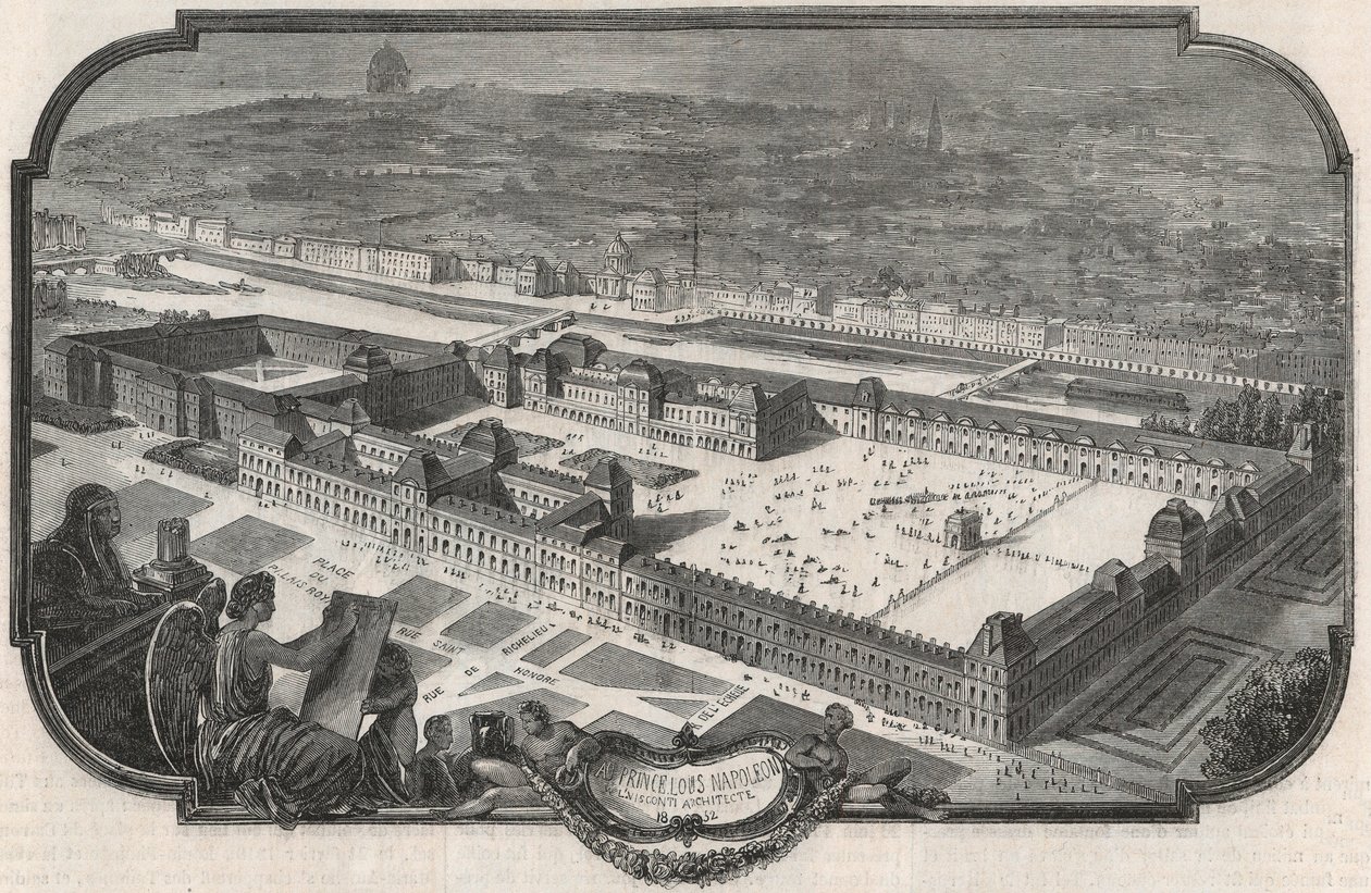 A Palais du Louvre és a Tuileriák általános képe 1852-ben – Edmond Texier 1852-es metszete „Tableau-de-Paris”-ban alkotó: French School